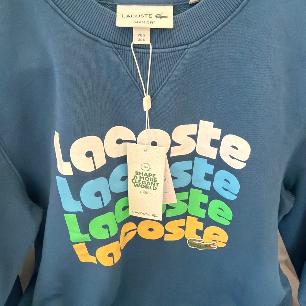 NWT Lacoste Crewneck Sweatshirt Lacoste Graphic Stacks Blue Unisex US 3 Men’s